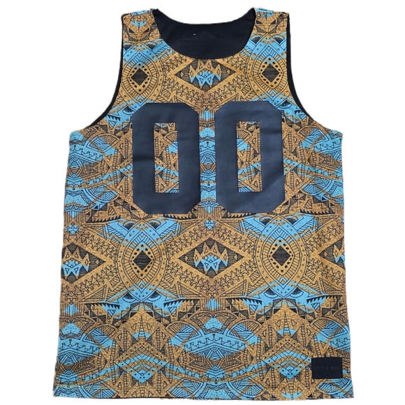 On the Byas Men's Blue and Tan Geometric Reversible Tank Top Size Medium - Picture 1 of 7